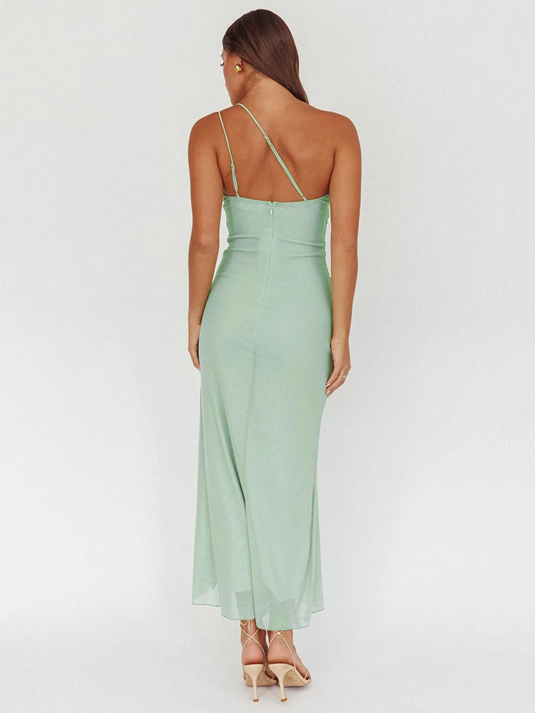 One Shoulder Draped Ruffle Maxi Dress Women Gown Fashion Diagonal Collar Backless Sleeveless Split Long Dress Elegant