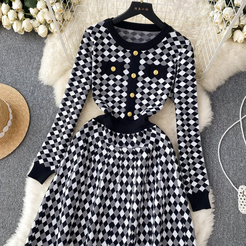 Load image into Gallery viewer, Korean Style Plaid Dress O Neck Button Long Sleeves 2023 Autumn Female Fashion Chic Sweet Knitted A Line Sweater Dress Winter

