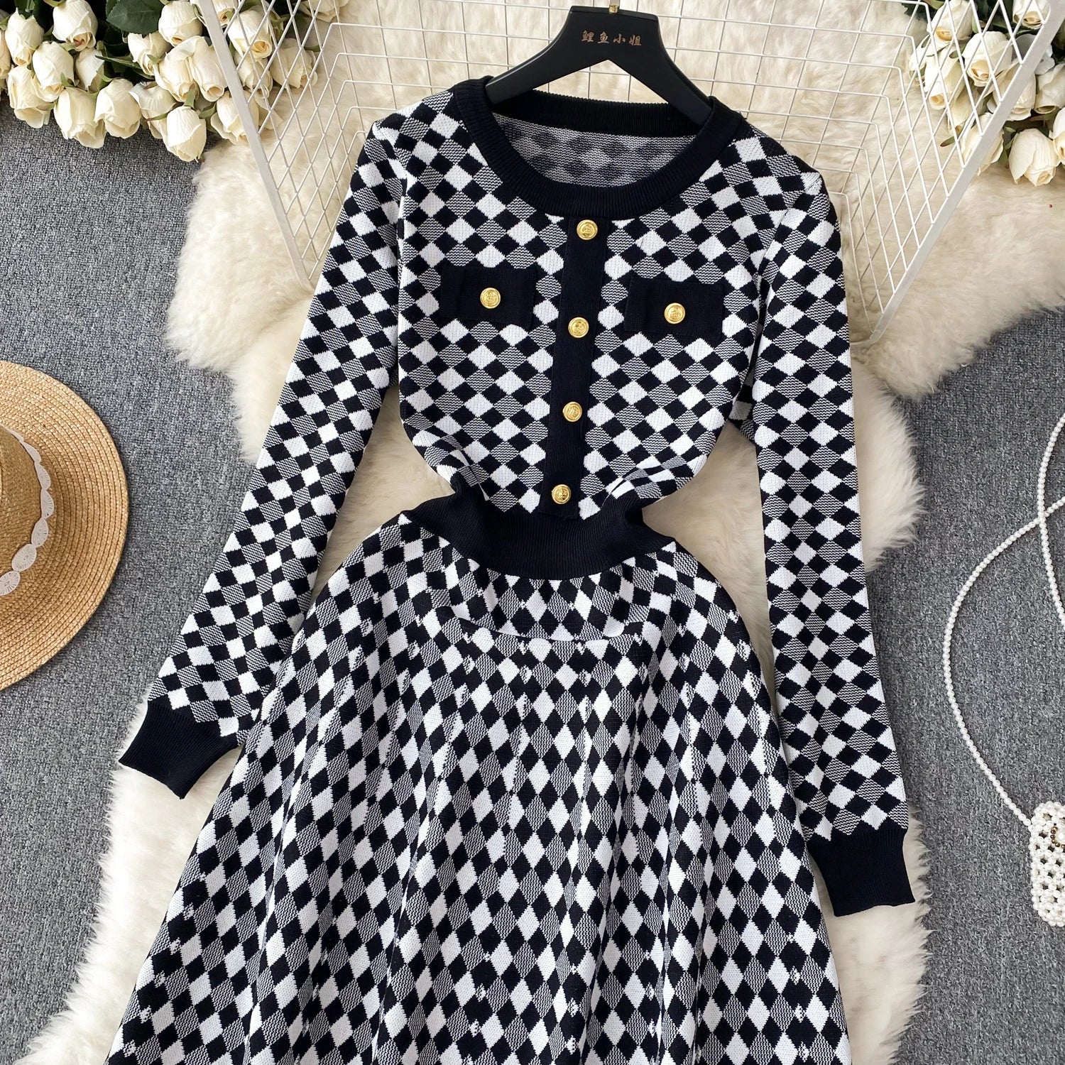 Korean Style Plaid Dress O Neck Button Long Sleeves 2023 Autumn Female Fashion Chic Sweet Knitted A Line Sweater Dress Winter