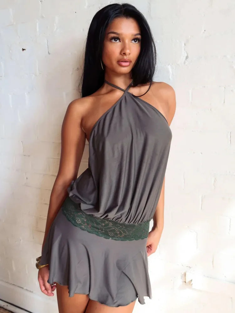 Halter Backless Sexy Mini Dress Women Robe Fashion Summer New Lace Patchwork Sleeveless Pleated Ruffled Club Dress