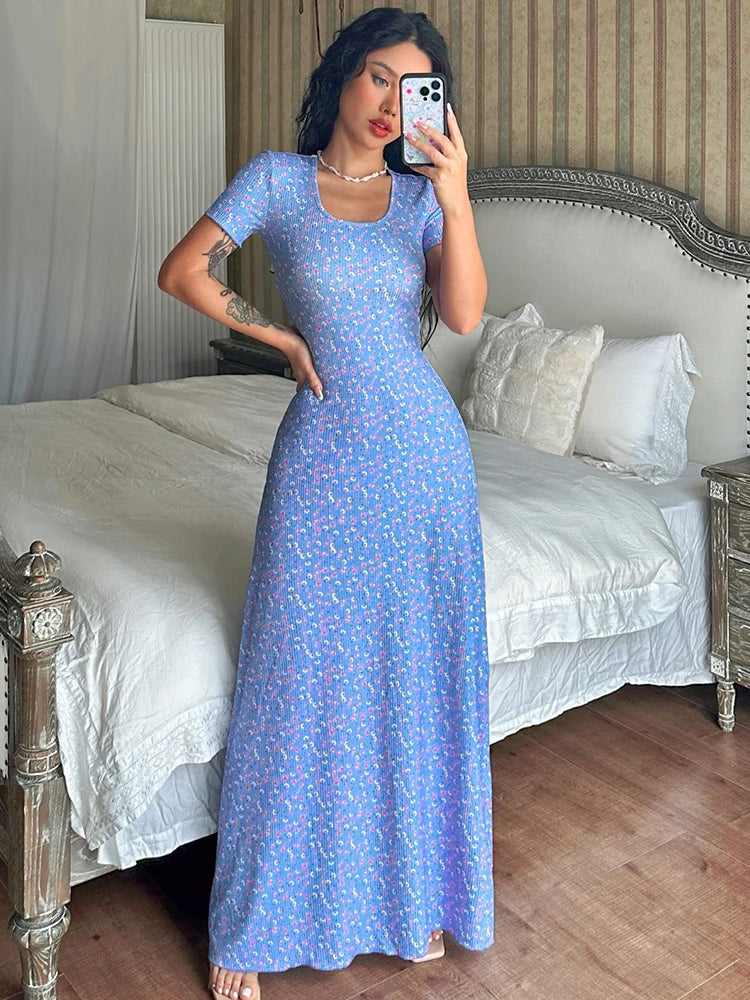 Elegant Ribbed Floral Print Square Collar Short Sleeve Bandage Sexy Maxi Dress Women Clothes Birthday Party Festival
