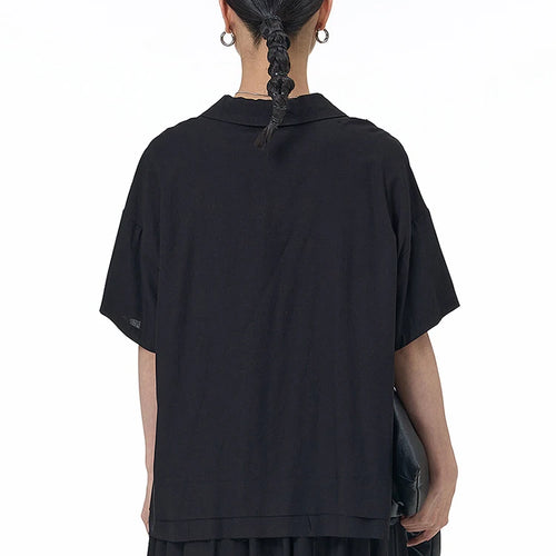 Load image into Gallery viewer, Women Black Color-block Burr Big Size Blouse New V-neck Short Sleeve Shirt Fashion Tide Spring Summer 2025 1DJ1493
