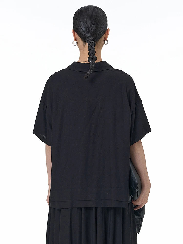 Women Black Color-block Burr Big Size Blouse New V-neck Short Sleeve Shirt Fashion Tide Spring Summer 2025 1DJ1493