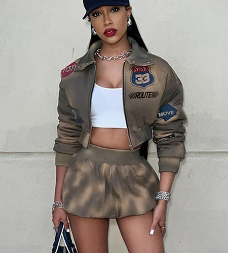 Tie-Dye 2 Piece Set Tracksuit Women Letter Print Zip Jacket+Waistband Puffy Skirt Matching Street Casual Vintage Suit