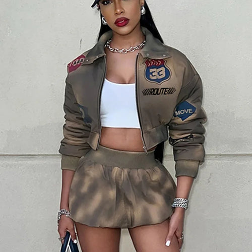 Load image into Gallery viewer, Tie-Dye 2 Piece Set Tracksuit Women Letter Print Zip Jacket+Waistband Puffy Skirt Matching Street Casual Vintage Suit
