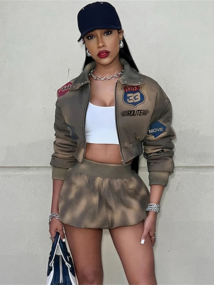 Tie-Dye 2 Piece Set Tracksuit Women Letter Print Zip Jacket+Waistband Puffy Skirt Matching Street Casual Vintage Suit