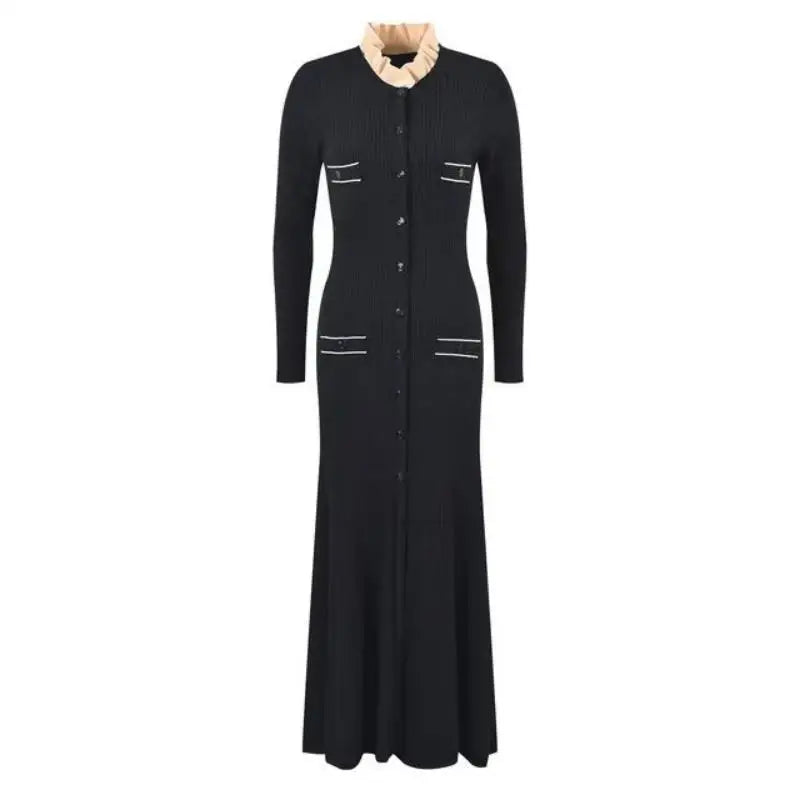 Korean Fashion Women's Black Patchwork Long Sleeve Ruffles Neck Knitted Dress 2024 Autumn Winter Retro New Single Breasted Dress