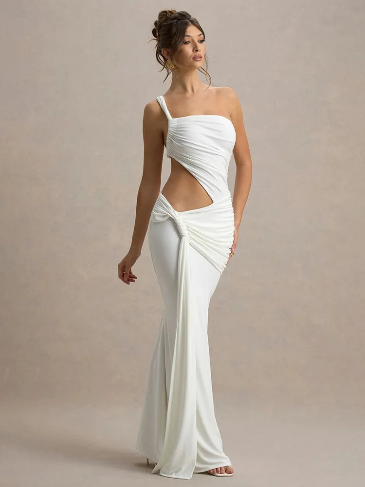 Irregular Ruched Sexy Maxi Dress For Women Gown Hollow Out One Shoulder Sleevelessdraped Bodycon Club Party Long Dress