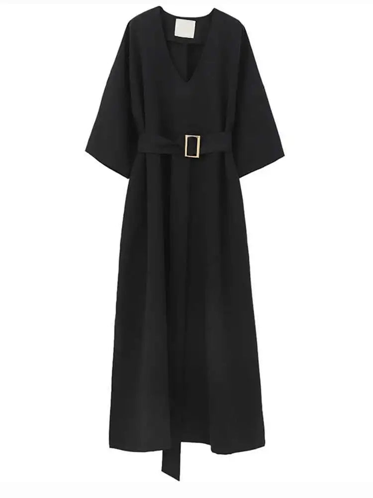 Women Black Brief Belted Elegant Big Size Dress New V-Neck Three-quarter Sleeve Fashion Tide Spring Autumn 2025 1DH6206