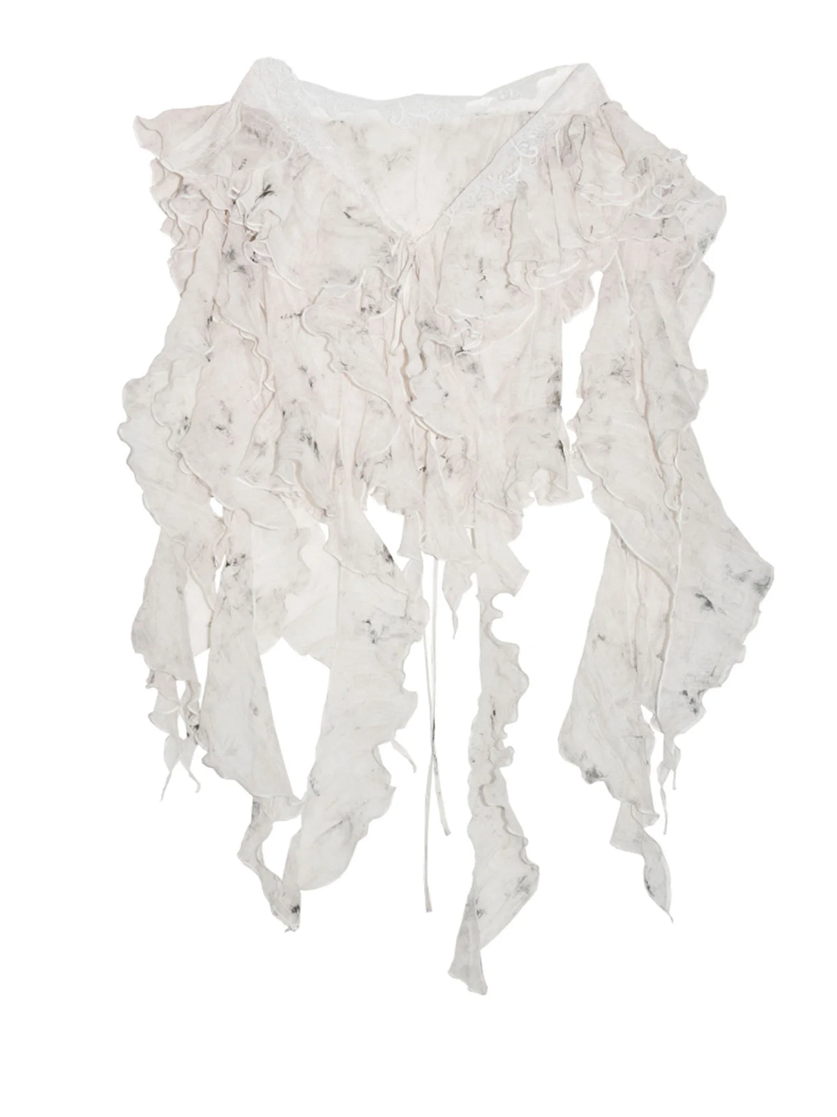 Women Beige Pattern Printed Ruffles Thin Blouse New Slash Neck Short Sleeve Shirt Fashion Tide Spring Summer 2025 1DJ1454