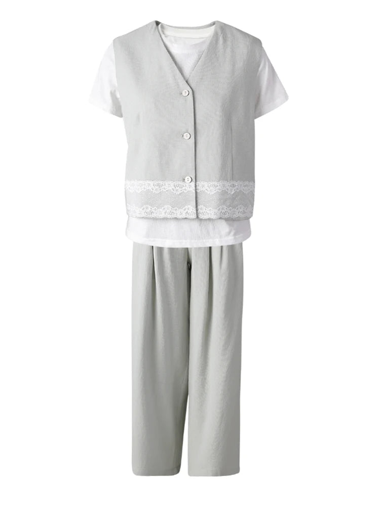 Big Size Lace Vest T-shirt Pants 3 Piece Suit New Round Neck Short Sleeve Women Fashion Tide Spring Autumn 2025 CPG3069