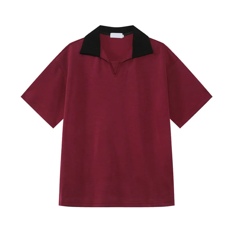 Niche Design Men's Tees Contrast Color Patchwork Turn-down Collar T-shirts Short Sleeved Casual Male Tops Summer 9W1259