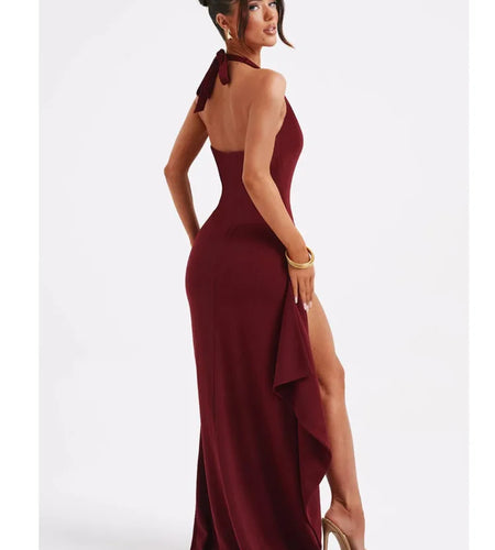 Women's Sexy Sleeveless High Split Evening Dress, Lace Up Neck Fold, Elegant Female Fashion, Backless Partywear, 2024