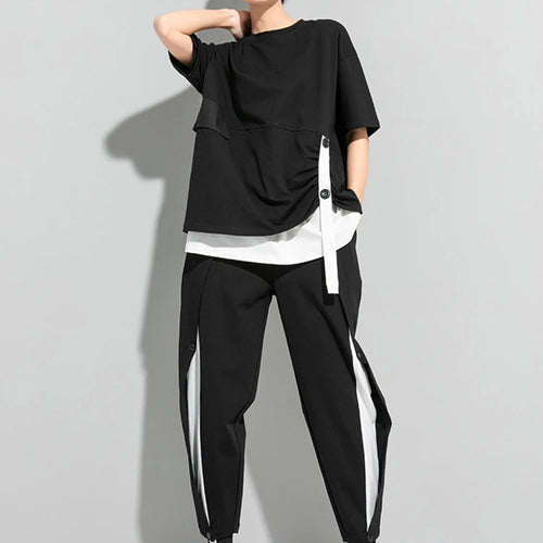 Load image into Gallery viewer, Women Black Button Ribbon Color-block Big Size T-shirt New Round Neck Short Sleeve Fashion Tide Spring Summer 2025 1DJ1751
