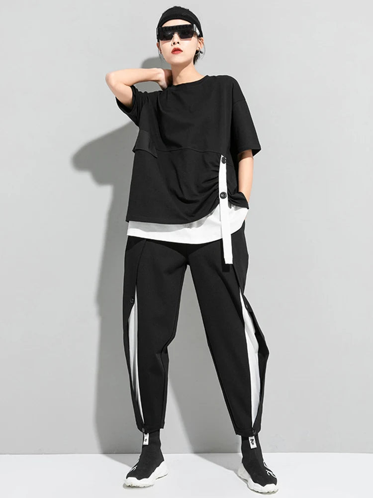 Women Black Button Ribbon Color-block Big Size T-shirt New Round Neck Short Sleeve Fashion Tide Spring Summer 2025 1DJ1751