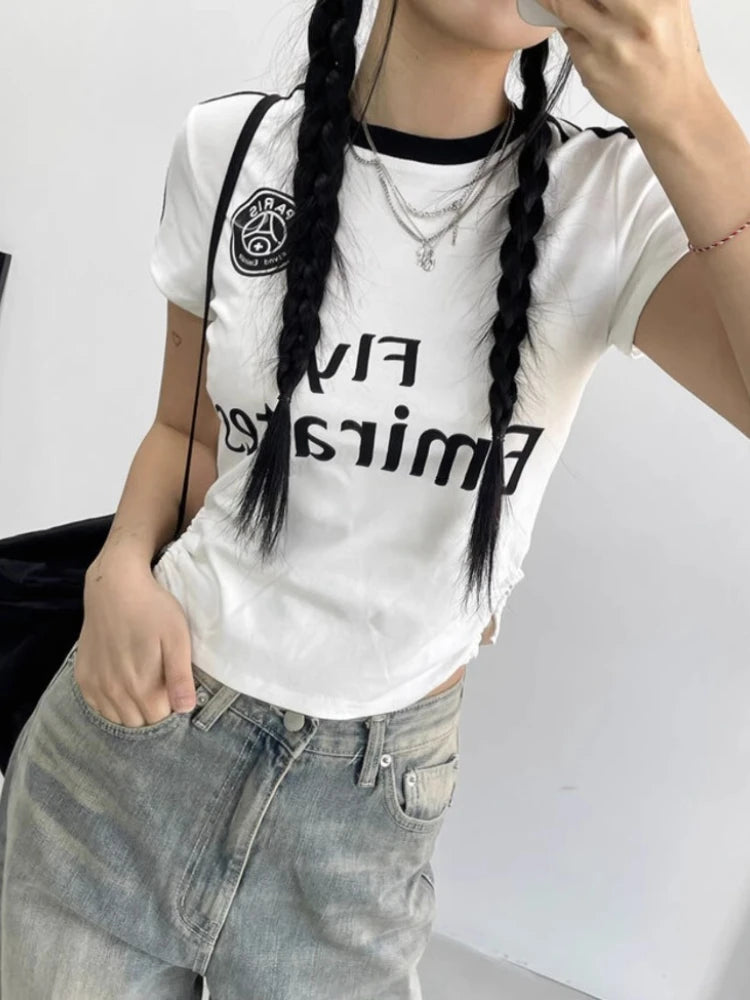 Summer Crop Tshirts for Women Drawstraight Tunic Fashion Y2k Tops O-neck Short Sleeve Tees Casual Korean Camisetas Ropa Mujer