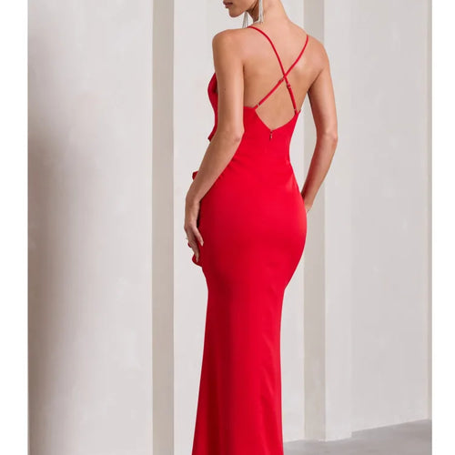 Load image into Gallery viewer, Elegant Spaghetti Strap Backless Charming Dress For Women 2024 Summer Sexy V-neck Ruffle Edge Split Party Evening Dress
