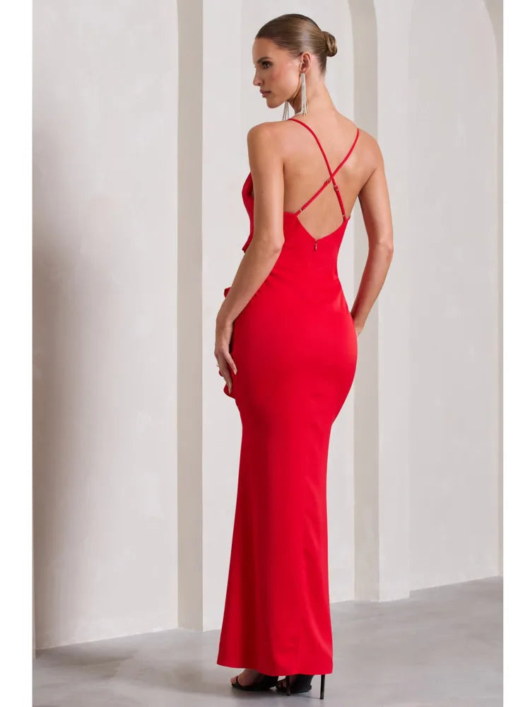 Elegant Spaghetti Strap Backless Charming Dress For Women 2024 Summer Sexy V-neck Ruffle Edge Split Party Evening Dress