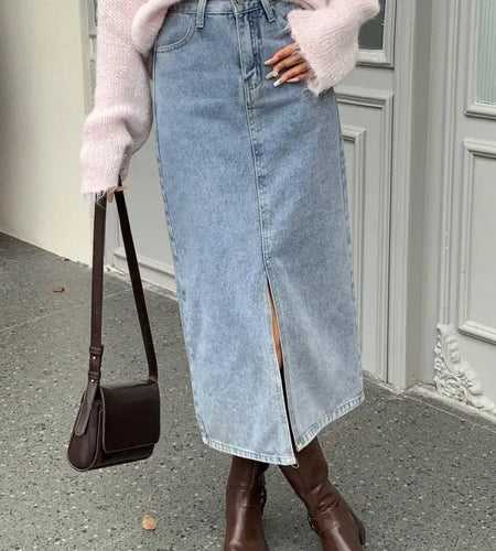 Autumn Winter Retro Black Office Lady Denim Split Skirt 2024 New Blue High Waist Elegant Wrap Hip Long Jean Skirts Women Fashion