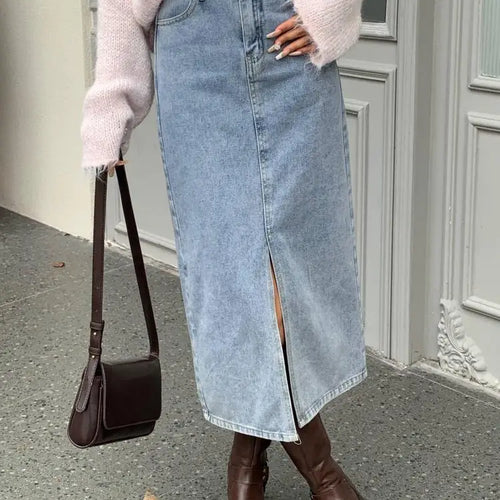 Load image into Gallery viewer, Autumn Winter Retro Black Office Lady Denim Split Skirt 2024 New Blue High Waist Elegant Wrap Hip Long Jean Skirts Women Fashion
