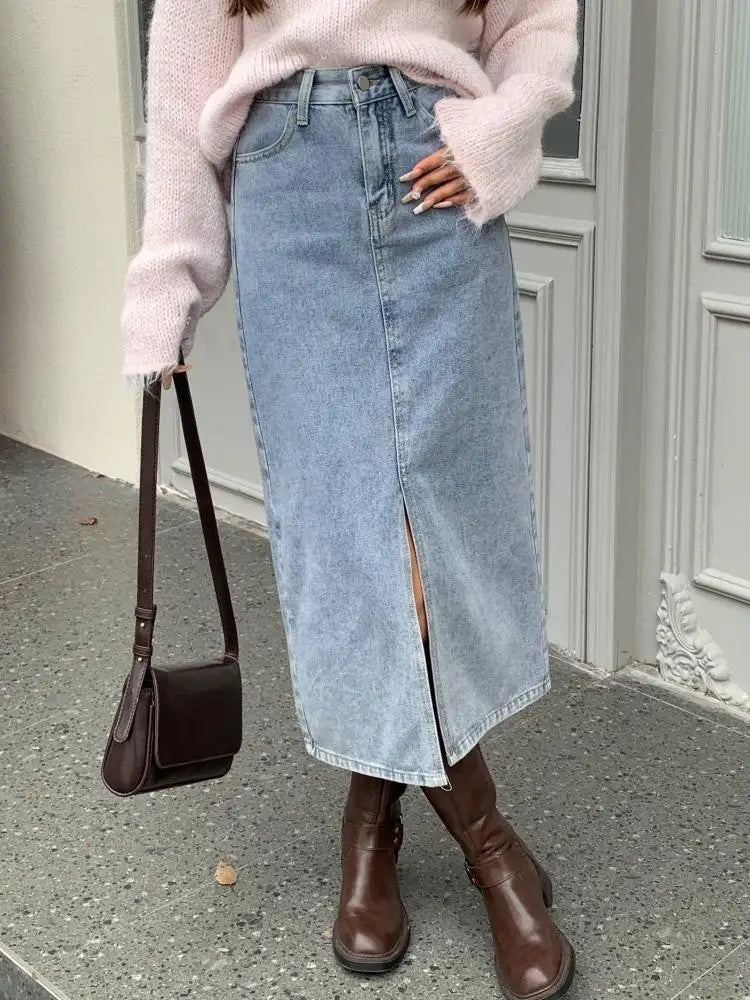 Autumn Winter Retro Black Office Lady Denim Split Skirt 2024 New Blue High Waist Elegant Wrap Hip Long Jean Skirts Women Fashion