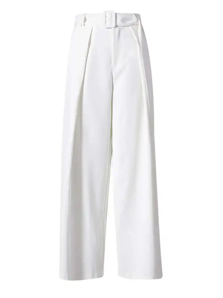 High Elastic Waist White Belted Pleated Long Wide Leg Pants New Trousers Women Fashion Tide Spring Autumn 2025 CPG2807