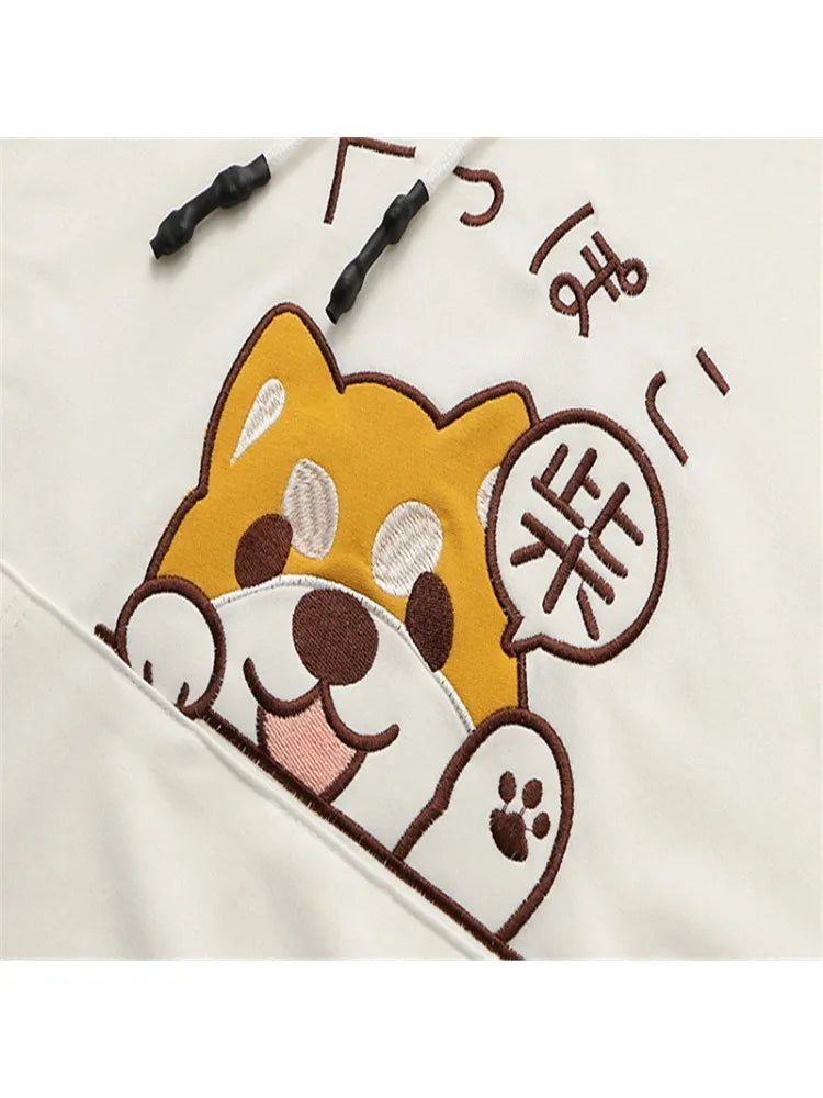 Women Cotton Hoodies And Sweatshirt Cartoon Dog Embroidery Patchwork Hooded Pullover For Sweet Style Girl Drawstring Tracksuits