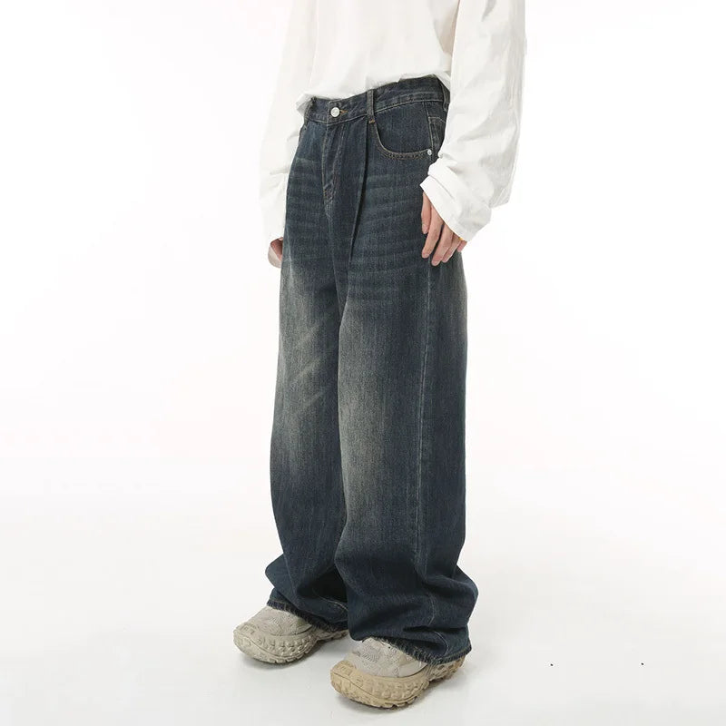 Baggy Jeans Trend Men's Korean Style Loose Wide Leg Denim Trousers Fashion Vintage Mid High Waisted Casual Pants 9C1226