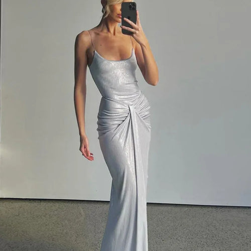 Load image into Gallery viewer, Sliver Spaghetti Strap Sexy Maxi Dress For Women Fashion Sparkle Sleeveless Backless Ruched Beach Club Sexy Long Dress
