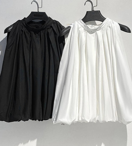 Women White Pleated Elegant Big Size Bud Blouse New Stand Collar Sleeveless Shirt Fashion Tide Spring Summer 2025 1DJ1484