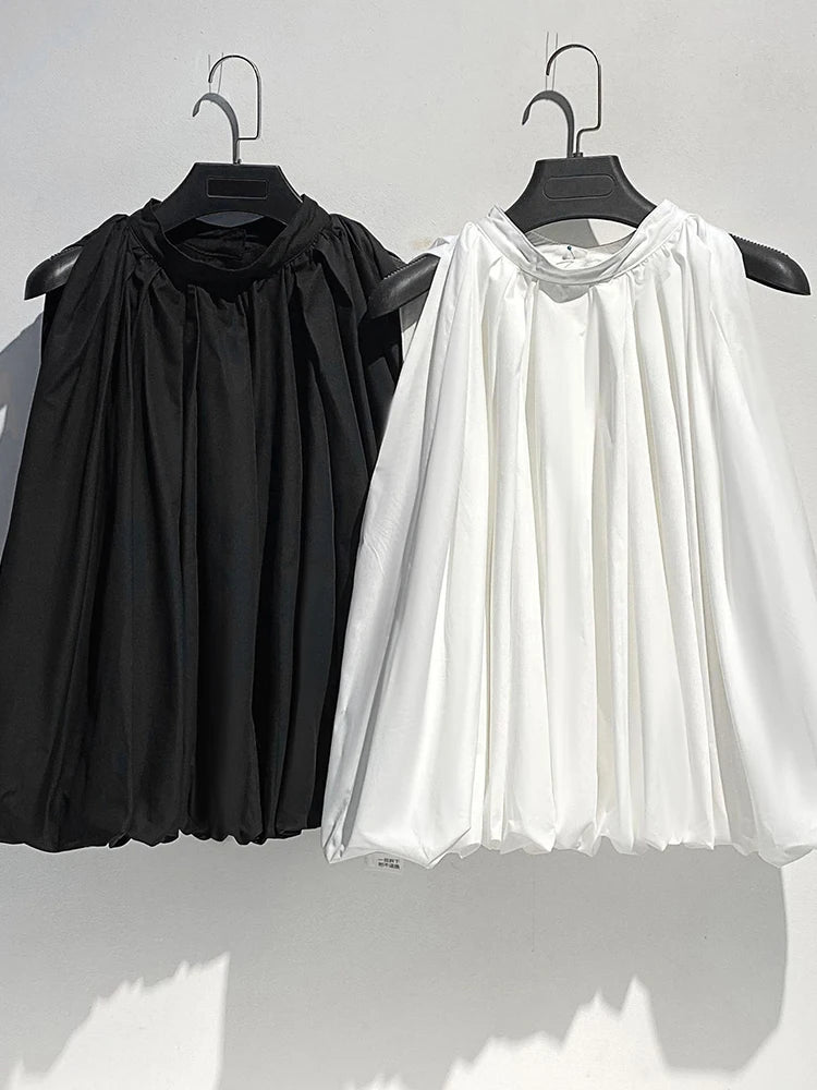 Women White Pleated Elegant Big Size Bud Blouse New Stand Collar Sleeveless Shirt Fashion Tide Spring Summer 2025 1DJ1484