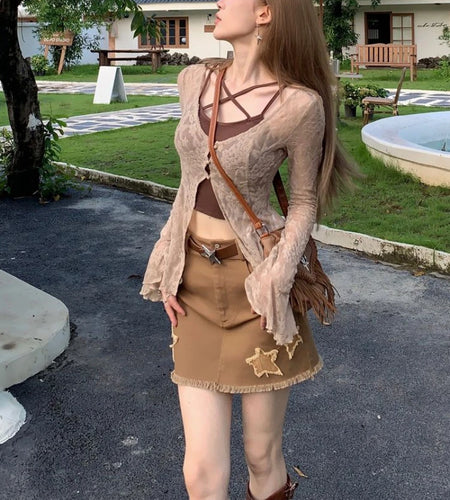 Y2k Aesthetic Two Piece Set Spring Flare Slleve Sexy Printing Cardigan + Streetwear Halter Crop Vest Top 2 Suits Summer Grunge