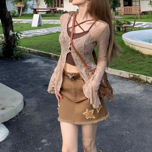 Load image into Gallery viewer, Y2k Aesthetic Two Piece Set Spring Flare Slleve Sexy Printing Cardigan + Streetwear Halter Crop Vest Top 2 Suits Summer Grunge
