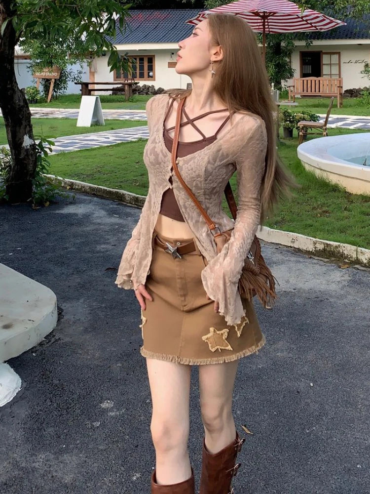 Y2k Aesthetic Two Piece Set Spring Flare Slleve Sexy Printing Cardigan + Streetwear Halter Crop Vest Top 2 Suits Summer Grunge