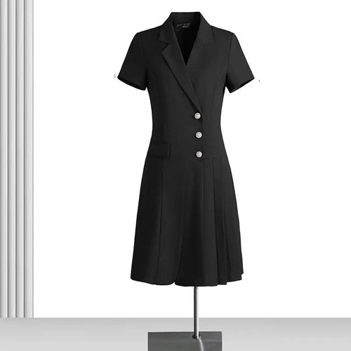 Load image into Gallery viewer, Korean Solid Office Professional Workwear Blazer Dress For Women 2024 Summer Short-sleeve Single Breasted Festival Pleated Dress
