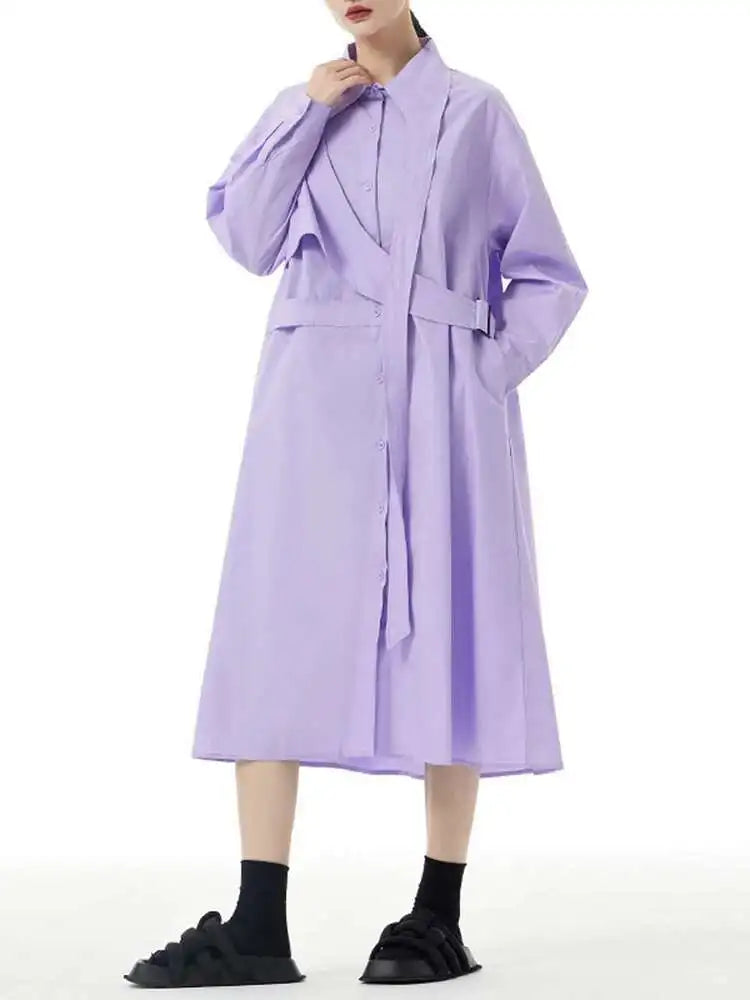 Women Purple Belted Big Size Irregular Midi Shirt Dress New Lapel Long Sleeve Fashion Tide Spring Autumn 2025 1DH5164