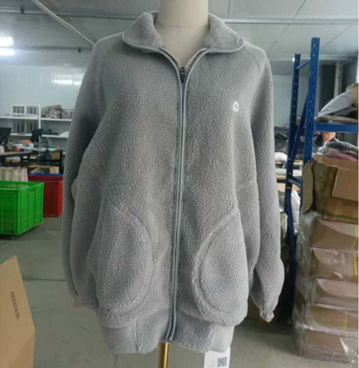 Lamb Wool Zipper Turndown Collar Coat Women Fall Winter Clothing Casual Pockets Vintage Outwear Fashion Y2k Jacket Ropa Mujer