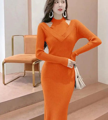 French Women Solid Elegant Festival Hollow Out Knit Dress Autumn Long Sleeve Slim Ladies Fashion Wrap Hip Dresses Clothing Trend