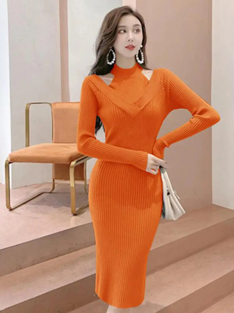 French Women Solid Elegant Festival Hollow Out Knit Dress Autumn Long Sleeve Slim Ladies Fashion Wrap Hip Dresses Clothing Trend