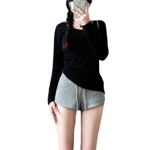 Load image into Gallery viewer, Women y2k Tops 2000s Aesthetic Clothes Solid Color Round Neck Long Sleeve Asymmetrical Hem Tee Shirts Casual Streetwear
