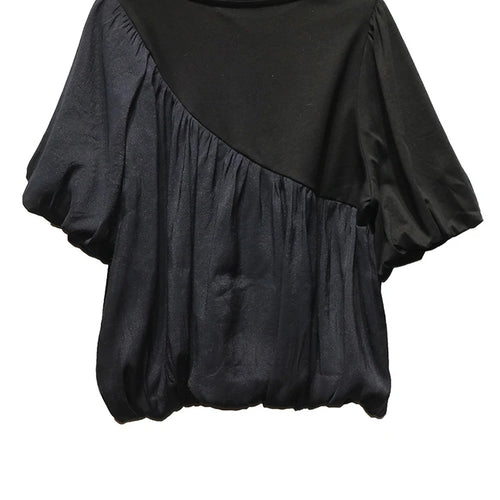 Load image into Gallery viewer, Women Black Irregular Pleated Big Size Casual T-shirt New Round Neck Short Sleeve Fashion Tide Spring Summer 2025 1DJ0558
