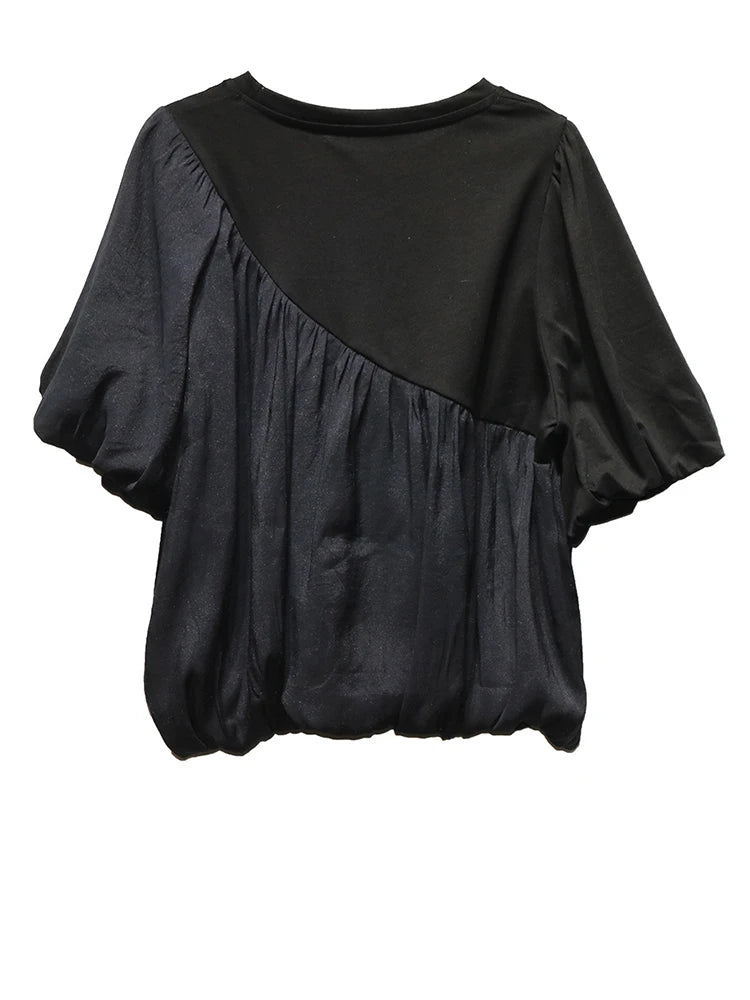 Women Black Irregular Pleated Big Size Casual T-shirt New Round Neck Short Sleeve Fashion Tide Spring Summer 2025 1DJ0558