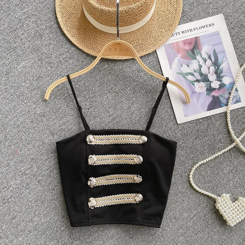 Load image into Gallery viewer, French Style Vintage Black Double Breasted Suspender Women's Summer Sexy Club Slim White Short Slip Top Fashion Versatile Simple
