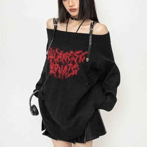 Load image into Gallery viewer, Harajuku Gothic Sexy Off Shoulder Knitted Jumpers Grunge Jacquard Sweater Fashion Knitwear Y2k Aesthetic Slash Neck Pullover
