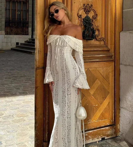 White Off The Shoulder Bodycon Dress 2024 New in Flare Sleeve Elegant Lace Maxi Dress Wedding Guest Dress for Women
