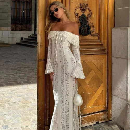 Load image into Gallery viewer, White Off The Shoulder Bodycon Dress 2024 New in Flare Sleeve Elegant Lace Maxi Dress Wedding Guest Dress for Women
