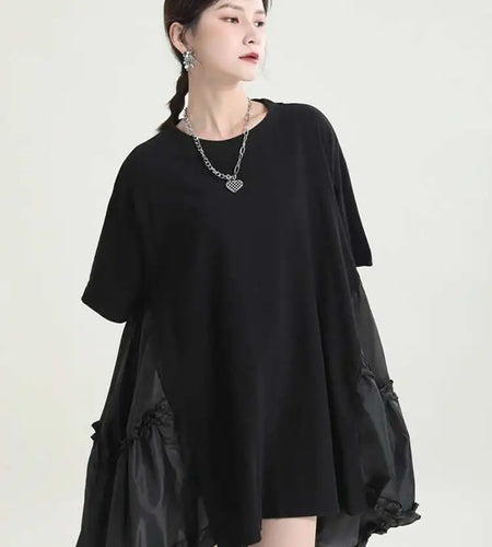 Women Black Ruffles Irregular Big Size Mini Dress New Round Neck Short Sleeve Fashion Tide Spring Summer 2025 1DH9574