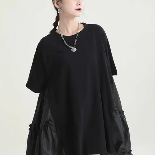 Load image into Gallery viewer, Women Black Ruffles Irregular Big Size Mini Dress New Round Neck Short Sleeve Fashion Tide Spring Summer 2025 1DH9574
