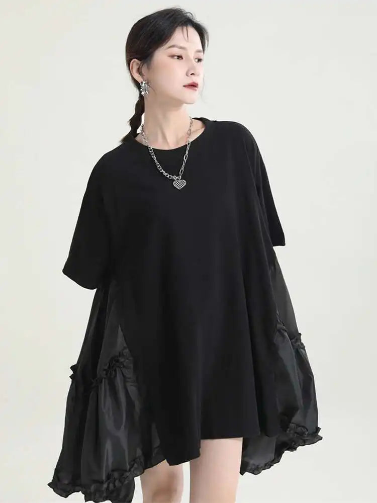 Women Black Ruffles Irregular Big Size Mini Dress New Round Neck Short Sleeve Fashion Tide Spring Summer 2025 1DH9574