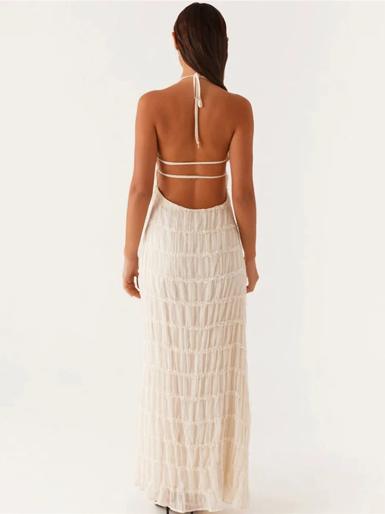Halter Backless Sexy Maxi Dress For Women Spring Summer New Lace-up Sleeveless Pleated Beach Holiday Long Dress Elegant